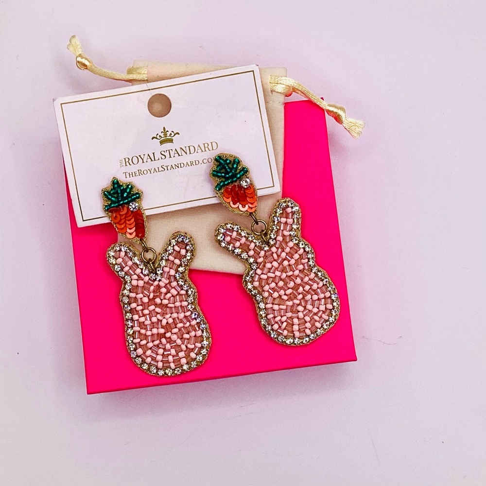 Royal Standard Pink Beaded Bunny Earrings